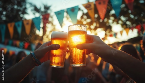 Cheers with beer at sunset celebration.