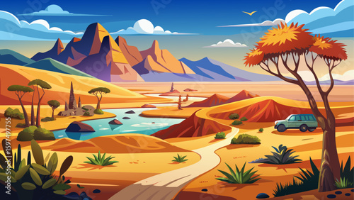 Very beautiful Travel to Africa, adventures, safari or expedition to Namib desert, panoramic view. Wilderness with sandy dunes of Namibia. Panoramic landscape of Sandwich Harbour, view on skyline and 