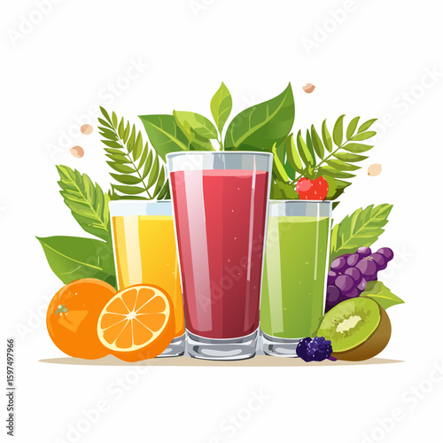 Fresh fruit juices in glasses, surrounded by colorful fruits