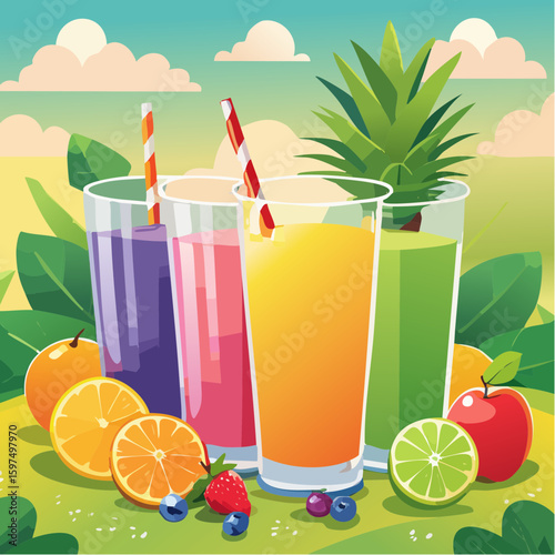 Fresh fruit juices in glasses, surrounded by colorful fruits