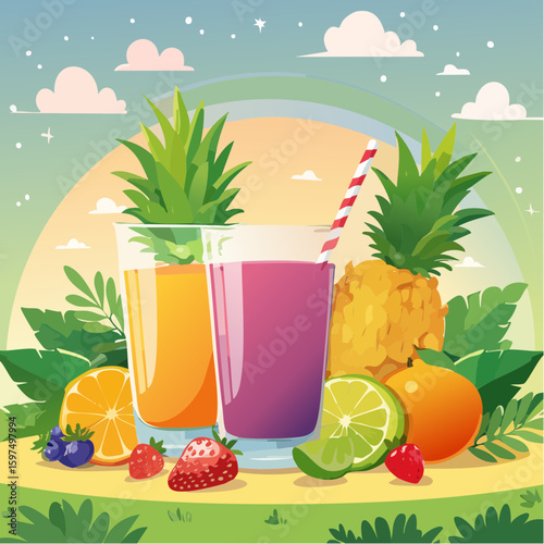 Fresh fruit juices in glasses, surrounded by colorful fruits