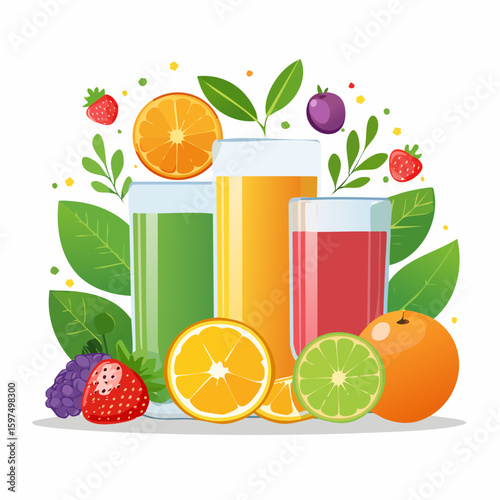 Fresh fruit juices in glasses, surrounded by colorful fruits