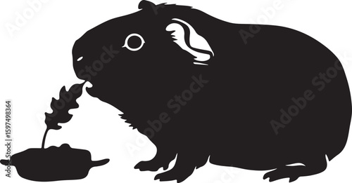 Silhouette of a guinea pig eating from a small pile of food, originally a vector graphic