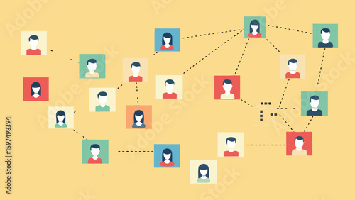 Network of people connected with lines on a yellow background representing social connections and relationships