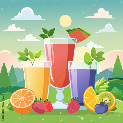 Fresh fruit juices in glasses, surrounded by colorful fruits