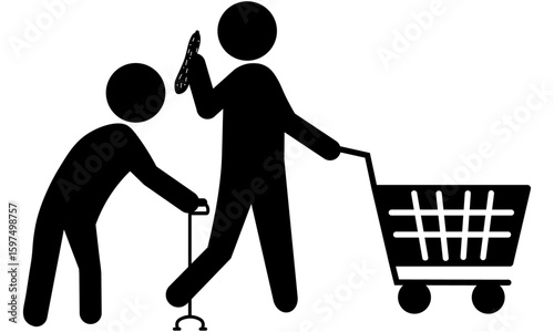 高齢者と一緒に買い物をする人物のピクトグラム