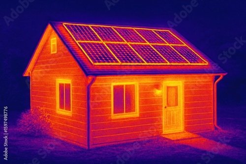 Thermal image of a house with solar panels on the roof showing heat distribution