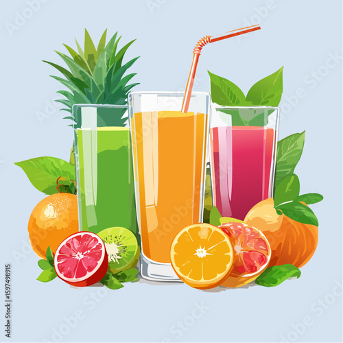 Fresh fruit juices in glasses, surrounded by colorful fruits