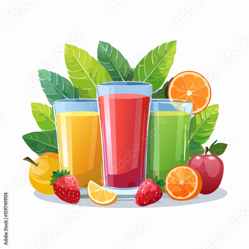 Fresh fruit juices in glasses, surrounded by colorful fruits