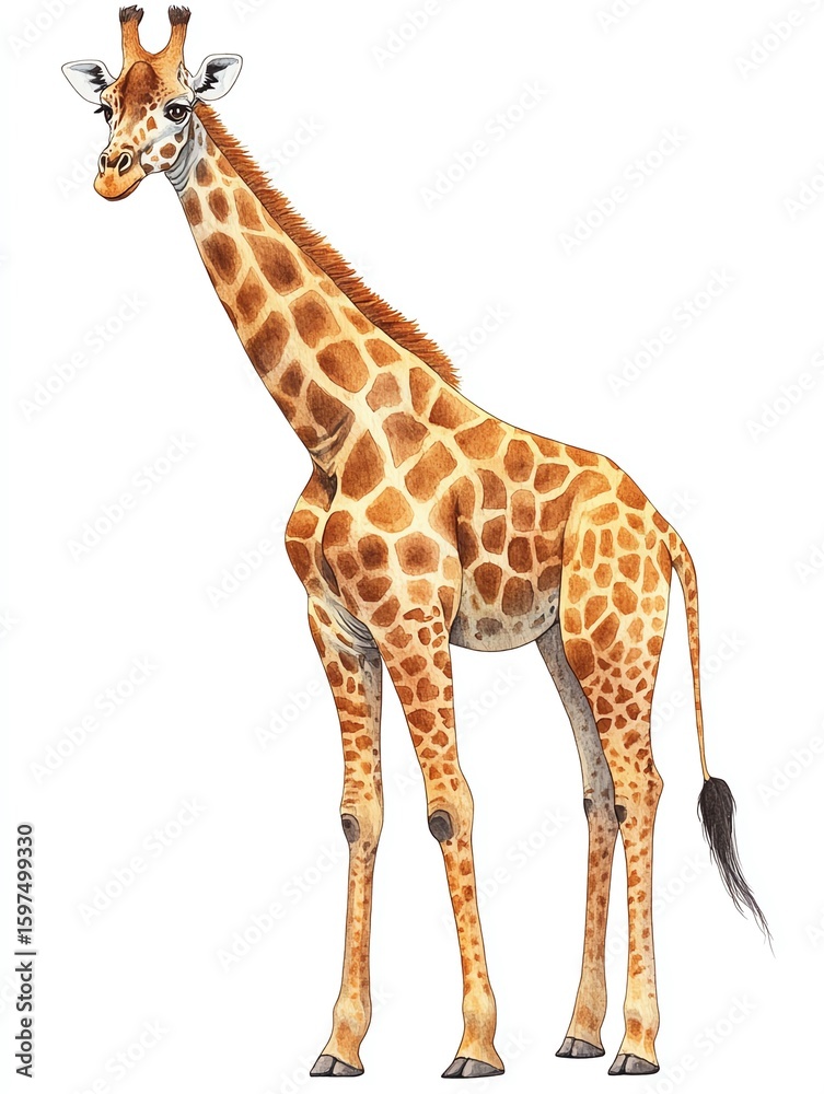 Naklejka premium Illustration of a standing giraffe with characteristic spots.