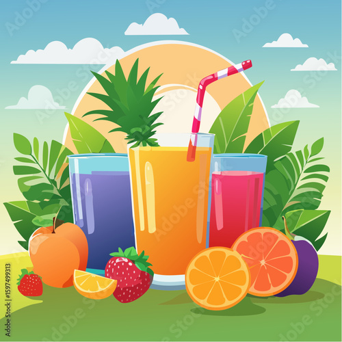 Fresh fruit juices in glasses, surrounded by colorful fruits