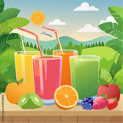 Fresh fruit juices in glasses, surrounded by colorful fruits