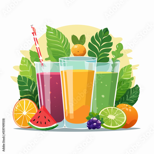 Fresh fruit juices in glasses, surrounded by colorful fruits