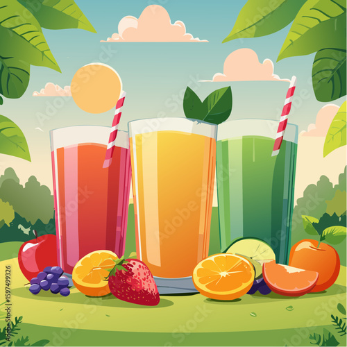 Fresh fruit juices in glasses, surrounded by colorful fruits
