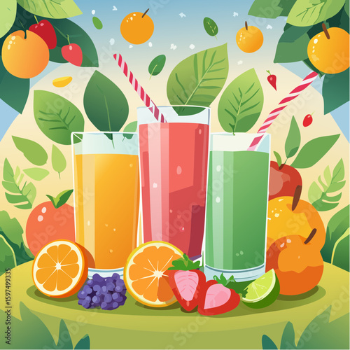 Fresh fruit juices in glasses, surrounded by colorful fruits