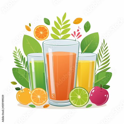 Fresh fruit juices in glasses, surrounded by colorful fruits