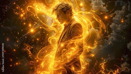 Man in a suit standing in the middle of burning hellish flame