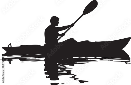 Silhouetted man kayaking on water with a paddle in a lake, promoting outdoor recreation