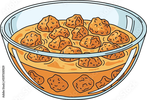 Cartoon bowl of delicious looking meatballs in tasty looking gravy dish
