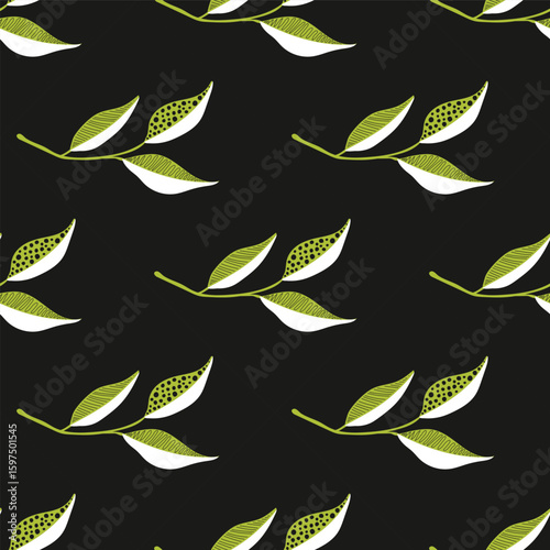 Abstract geometric leaves on black background. Natural green polka dot vector seamless pattern.