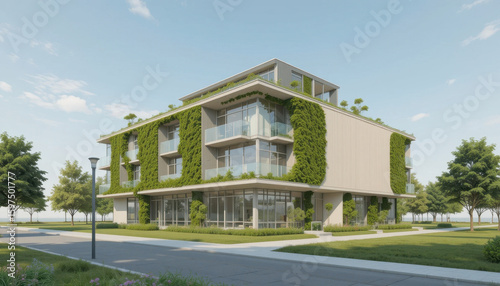 Wallpaper Mural Modern multi story building with glass windows and green vertical gardens, surrounded by trees and landscaped lawns under blue sky, showcasing eco friendly architecture and urban design Torontodigital.ca