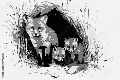 Family of foxes illustration emerging from den at dawn in sketch style, portraying vulpes vulpes mother with cute cubs. Family of foxes illustration showcases wildlife emerging from their home.