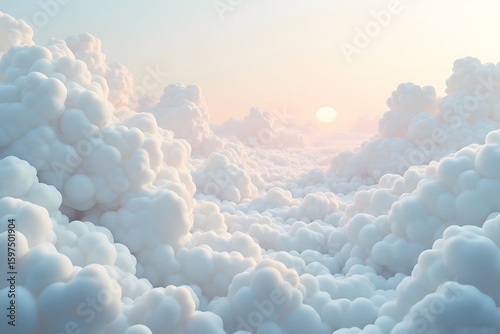 Sunrise Over Fluffy Cloudscape with Soft Pink and Orange Hues in Sky