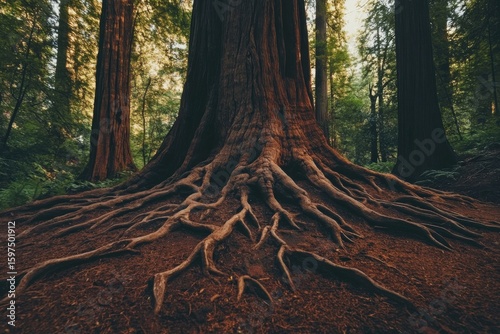 Fototapeta Naklejka Na Ścianę i Meble -  Majestic redwood tree with intricate exposed roots in a lush, tranquil forest setting.