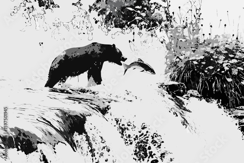 Bear catching salmon in rushing river surrounded by nature, creating a captivating wildlife scene.