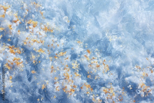 Abstract, light blue, and white marbled background with gold flecks