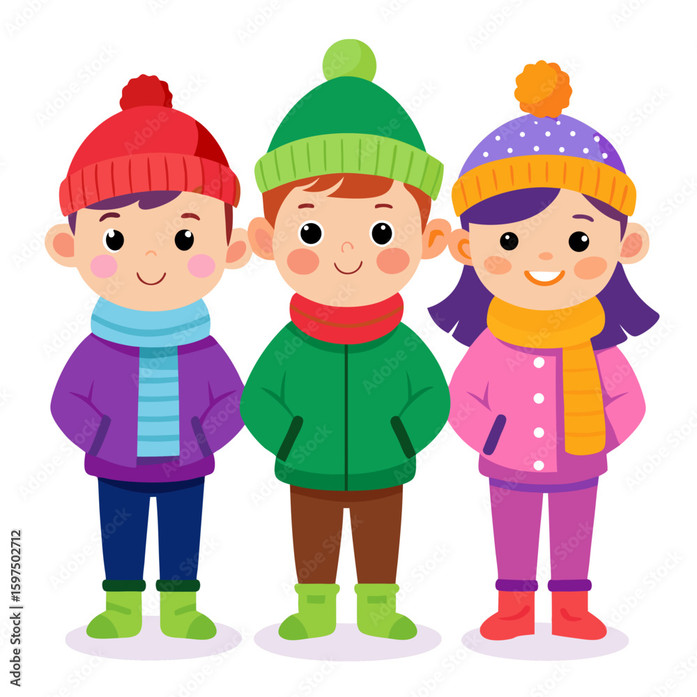 Three happy cartoon children dressed in warm winter clothing and hats Three happy cartoon children dressed in warm winter clothing and hats