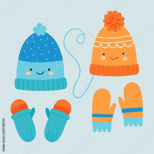 Cute cartoon winter hats and mittens with happy faces on a light blue background