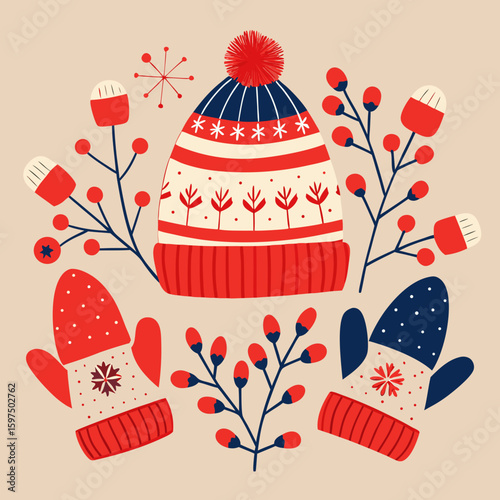 Cozy winter knitted hat and mittens with festive berry branches and snowflake motif