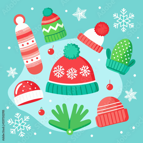 Collection of colorful winter hats and mittens with snowflakes and berries on a blue background