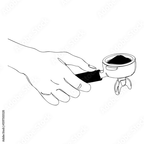 Vector line art of a hand holding a portafilter with ground coffee, minimalist barista equipment sketch.