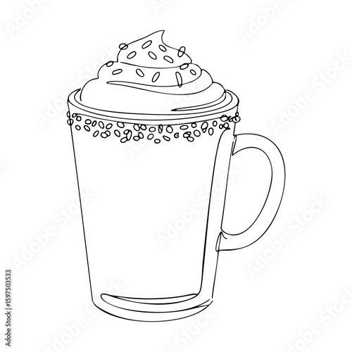 Vector line art of coffee mug with whipped cream and sprinkles, minimalist continuous line drawing for cafe menu or dessert illustrations