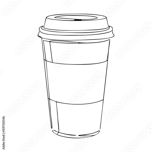 Vector line art of disposable takeaway coffee cup with lid, minimalist continuous line drawing for cafe branding or packaging design
