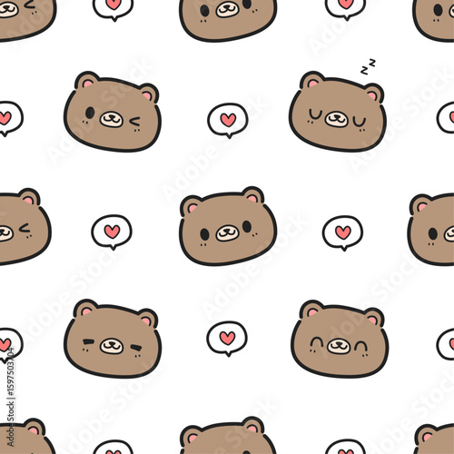 Seamless pattern with cute bear face cartoon doodle on white background, Childish bear pattern, Baby shower pattern, Fabric animal pattern