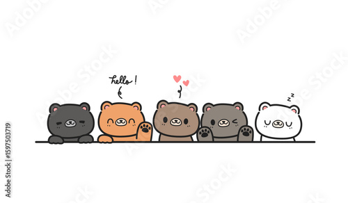 Cute teddy bear family wave hand greeting cartoon doodle, Childish cartoon bear baby shower