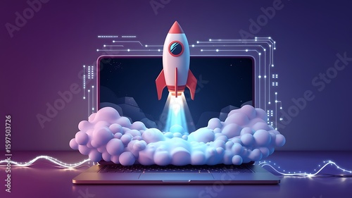 A rocket launching from a laptop computer with the words AI Agents symbolizing agentic autonomy and the future growth of automation through copilot chatbots and autonomous bot technology