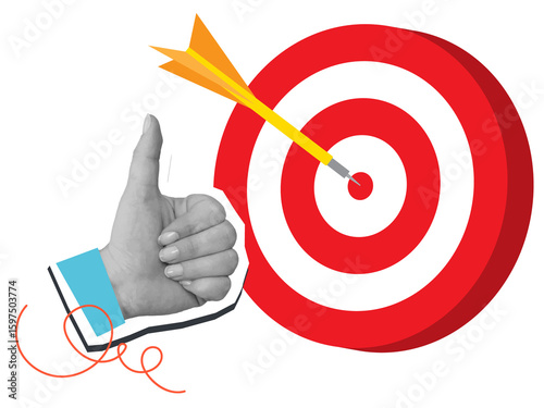 Black and white hand with a thumbs up gesture near a red round target. Modern photo collage style. Illustration on transparent background