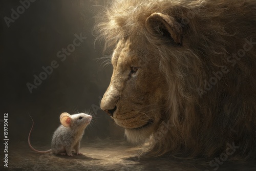 Lion Mouse. Fable Symbol of Brainpower and Force in Competition