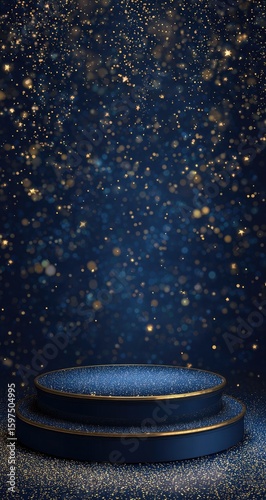 Dark navy blue circular podium with gold trim, illuminated by golden glitter