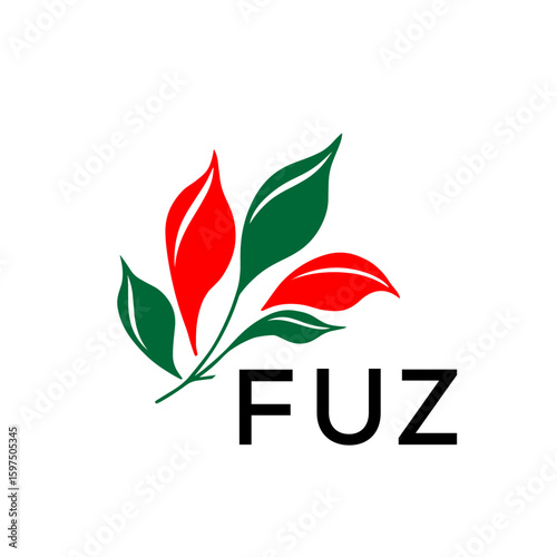 FUZ Minimalist Red and Green Leaf Logo Design with FUZ  Text, FUZ Later Logo, Modern Nature Inspired Logo with Red and Green Leaves. 
