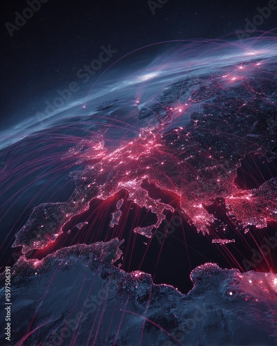 Europe, global network, vibrant red lines connect cities on a dark, detailed Earth