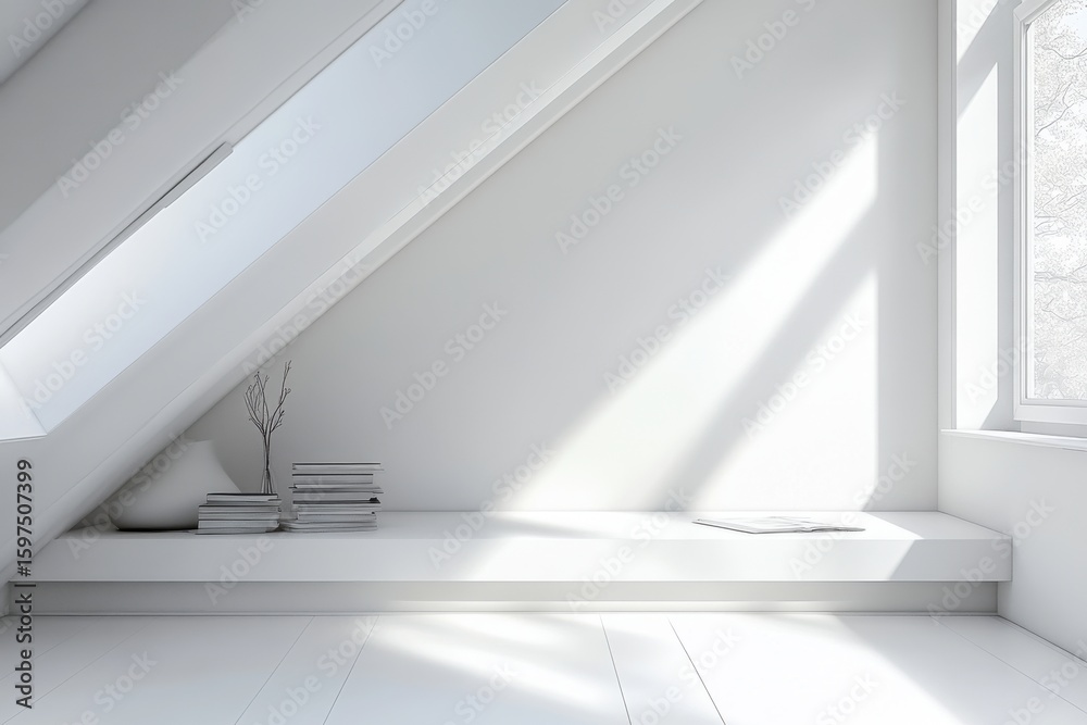 Fototapeta premium A white room with a window and a shelf with books. The room is empty and has a minimalist feel. Stylish white attic bedroom corner.
