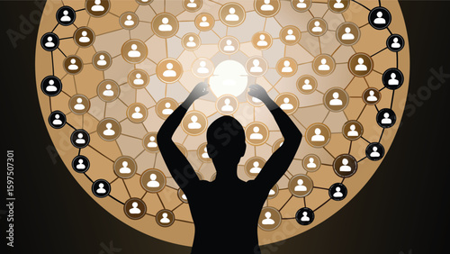 Silhouette of a person raising their arms in front of a network of interconnected people icons circle