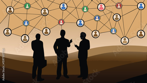 Silhouetted business team networking with connected people icons above them in a social network