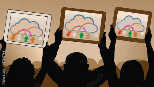 People holding tablets displaying cloud computing diagrams with arrows and silhouette figures shown