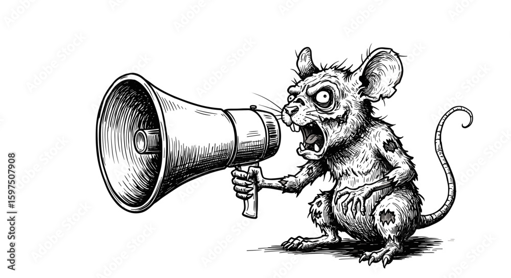 Fototapeta premium Black and white sketch of a zombie mouse with a megaphone. Zombie animal screaming into megaphone — hand-drawn illustration for Halloween 2025 design, engraving or woodcut SVG. Scalable